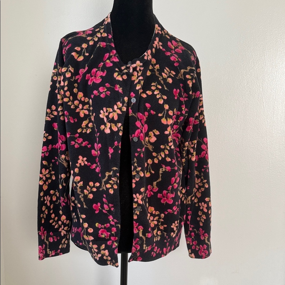 Lands' End Women's Black Cardigan with Pink and Orange Floral - Picture 5 of 9